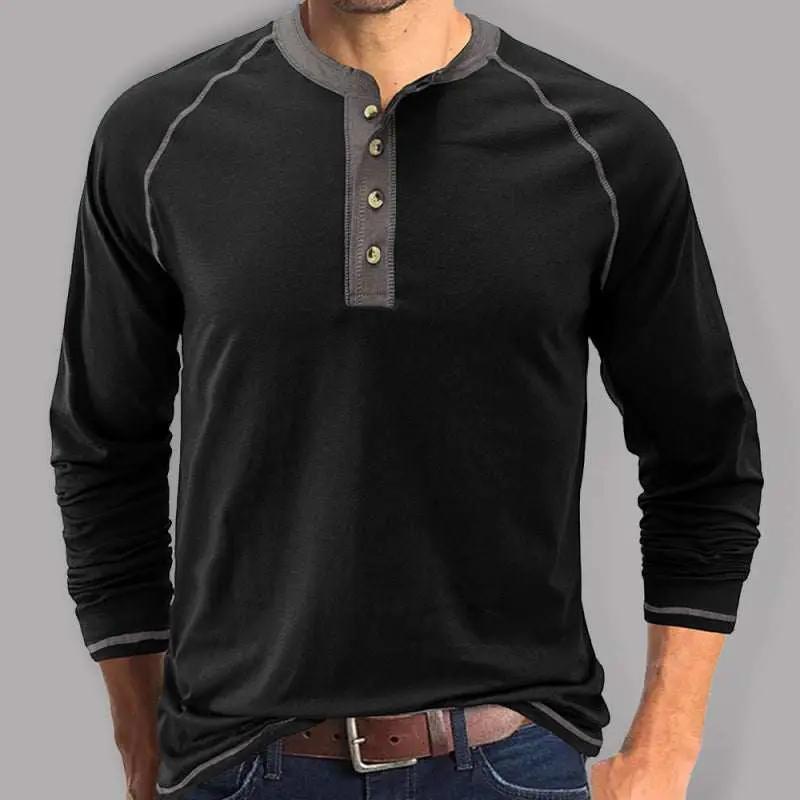 Stylish Men's Colorblock Long Sleeve T-Shirt with Button Detail - Perfect for Every Season! - MENLL